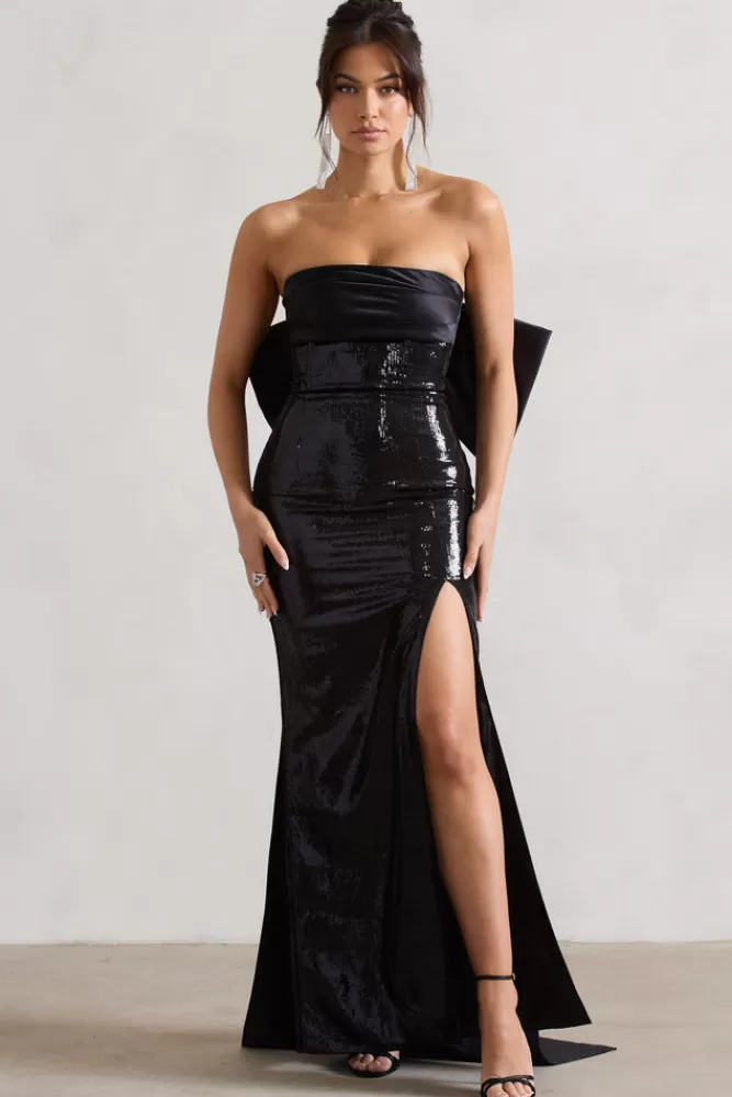 Club L London To You | Sequin Bandeau Split Maxi Dress With Oversized Bow BLACK Shop