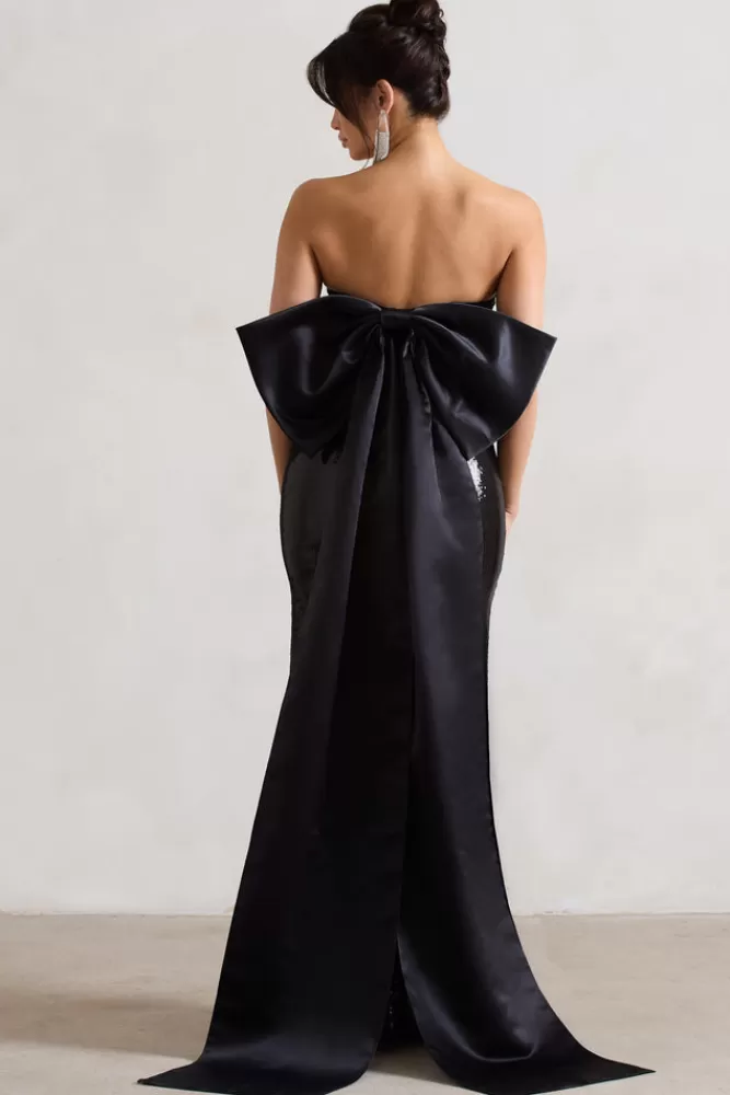 Club L London To You | Sequin Bandeau Split Maxi Dress With Oversized Bow BLACK Shop