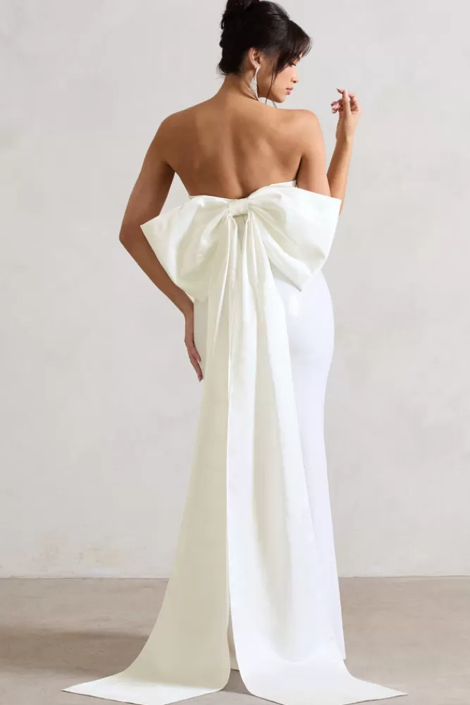 Club L London To You | Sequin Bandeau Split Maxi Dress With Oversized Bow WHITE Sale
