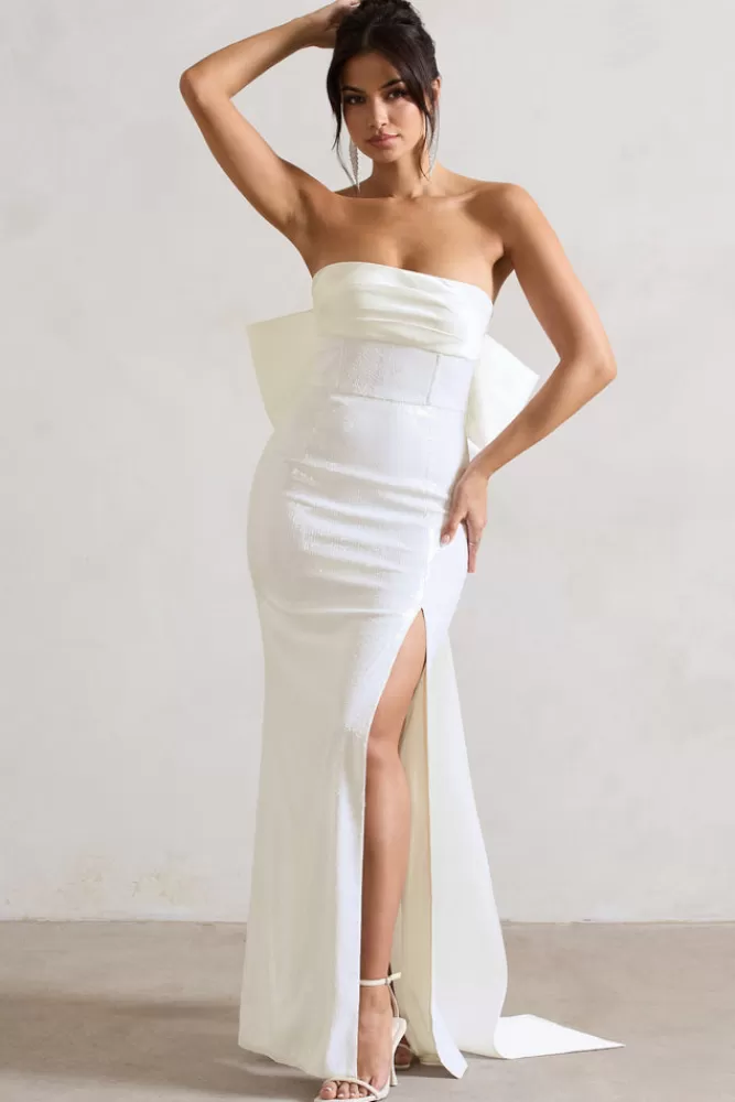 Club L London To You | Sequin Bandeau Split Maxi Dress With Oversized Bow WHITE Sale