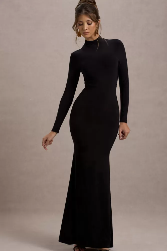 Club L London Tova | High-Neck Long-Sleeve Fishtail Maxi Dress BLACK Cheap