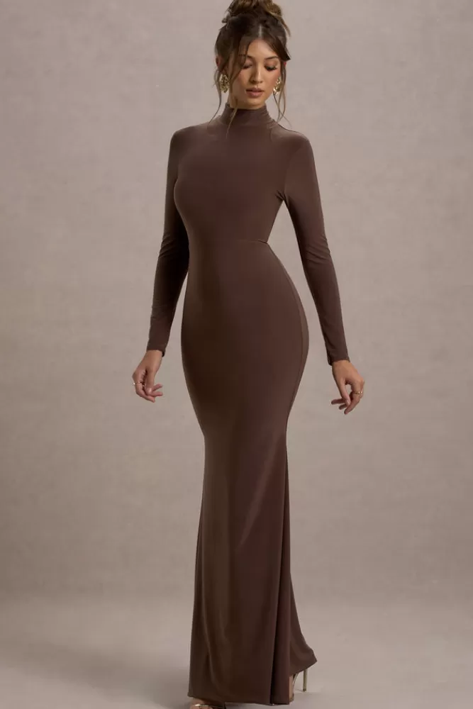 Club L London Tova | High-Neck Long-Sleeve Fishtail Maxi Dress CHOCOLATE Fashion