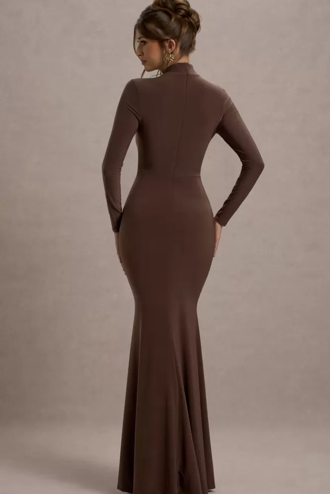 Club L London Tova | High-Neck Long-Sleeve Fishtail Maxi Dress CHOCOLATE Fashion