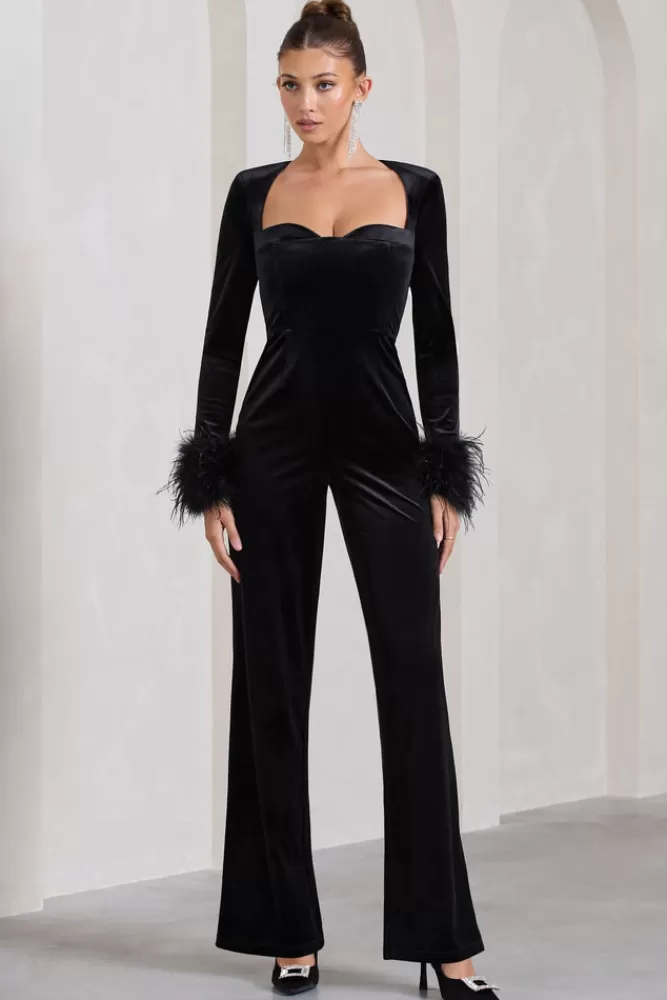 Club L London Trailblazer | Velvet Long-Sleeved Jumpsuit With Feather Cuffs BLACK Online