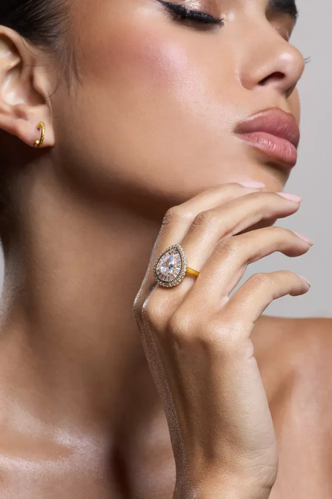 Club L London Trance | Pear Diamante Ring GOLD Clearance