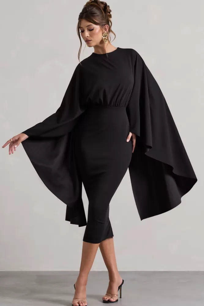 Club L London Tranquility | Gathered Midi Dress With Cape BLACK Store