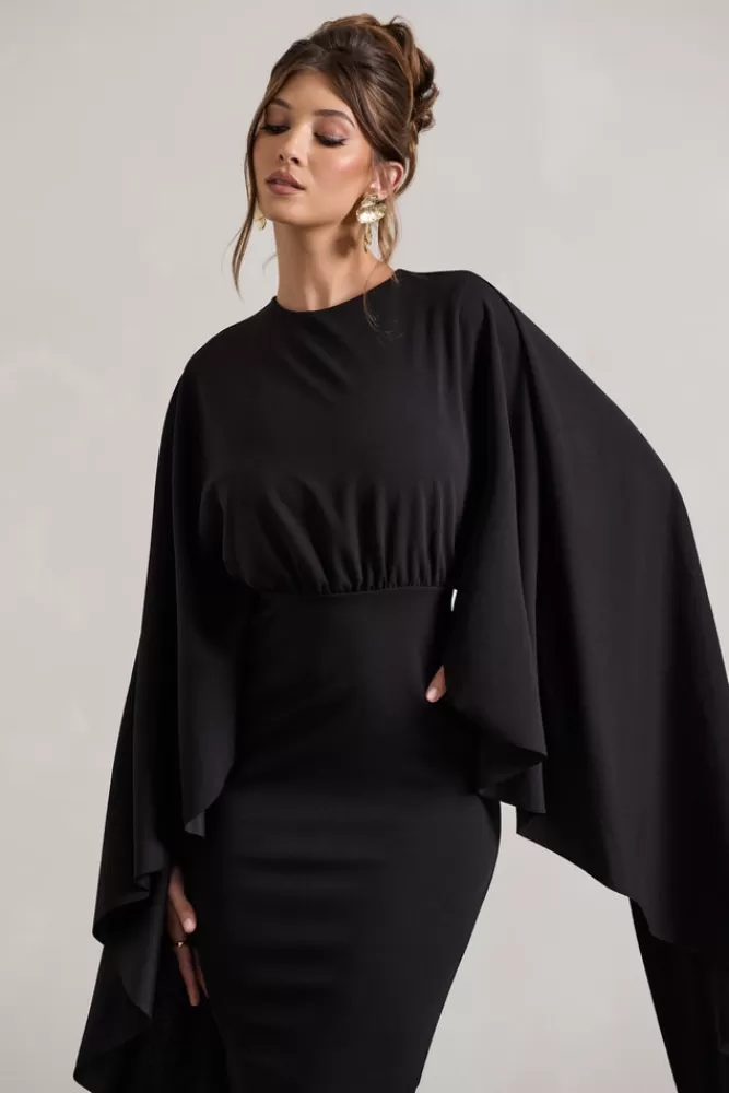 Club L London Tranquility | Gathered Midi Dress With Cape BLACK Store