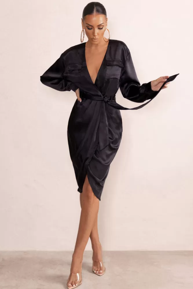 Club L London True Romance | Satin Plunge Neck Midi Dress With Belt Detail BLACK Store