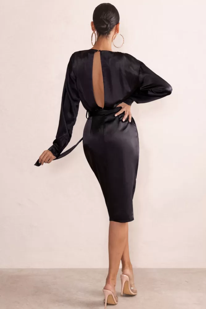 Club L London True Romance | Satin Plunge Neck Midi Dress With Belt Detail BLACK Store