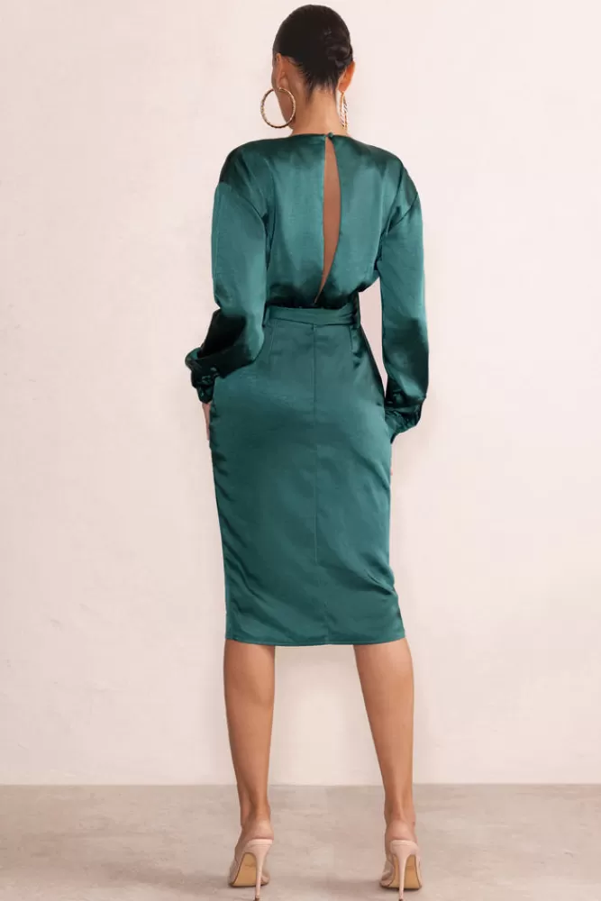 Club L London True Romance | Bottle Green Satin Plunge Neck Midi Dress With Belt Detail BOTTLEGREEN Cheap