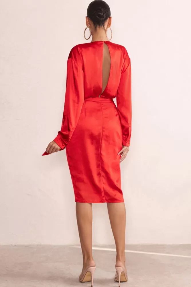 Club L London True Romance | Satin Plunge Neck Midi Dress With Belt Detail RED Cheap