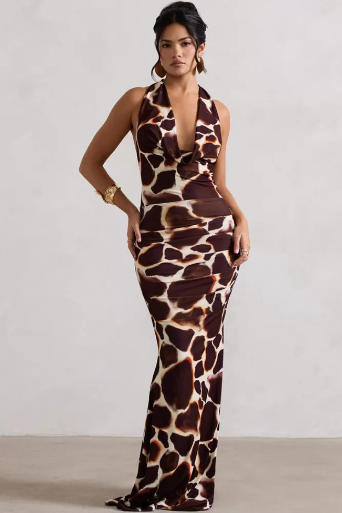 Club L London Tulum | Giraffe Print Cowl-Neck Gathered Split Maxi Dress GIRAFFEPRINT Best Sale