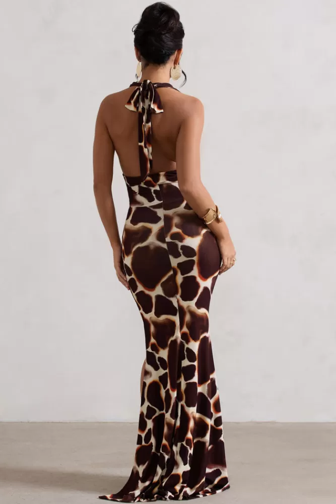 Club L London Tulum | Giraffe Print Cowl-Neck Gathered Split Maxi Dress GIRAFFEPRINT Best Sale