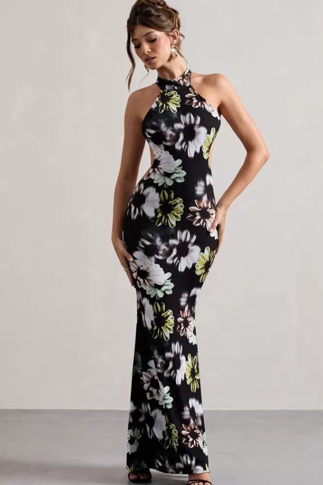 Club L London Tuscany | Black Floral Print Halter-Neck Split Maxi Dress FLORALPRINT New