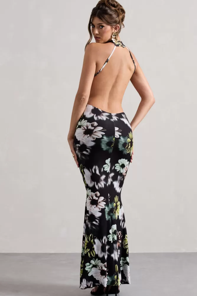 Club L London Tuscany | Black Floral Print Halter-Neck Split Maxi Dress FLORALPRINT New