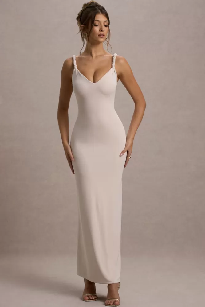 Club L London Twist Of Fate | Champagne Twist-Neck Maxi Dress CRYSTALGREY Store