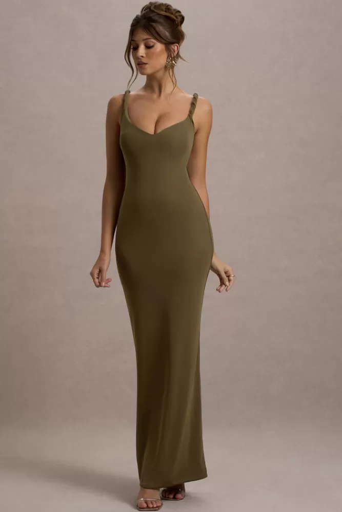 Club L London Twist Of Fate | Green Twist-Neck Maxi Dress KHAKI Outlet