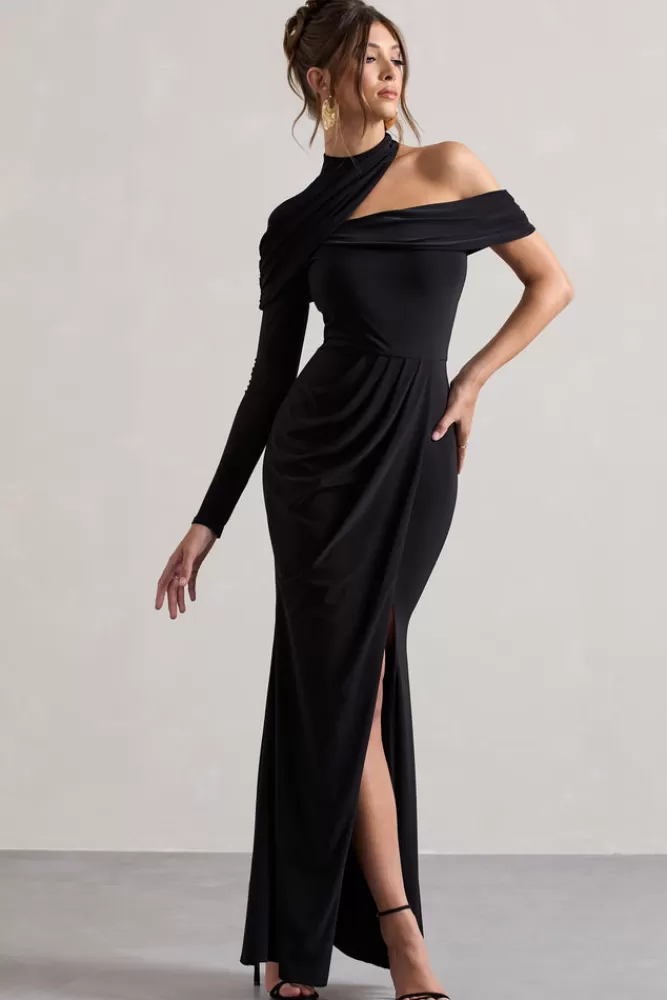 Club L London Tyla | Asymmetric High-Neck Split Maxi Dress BLACK Outlet