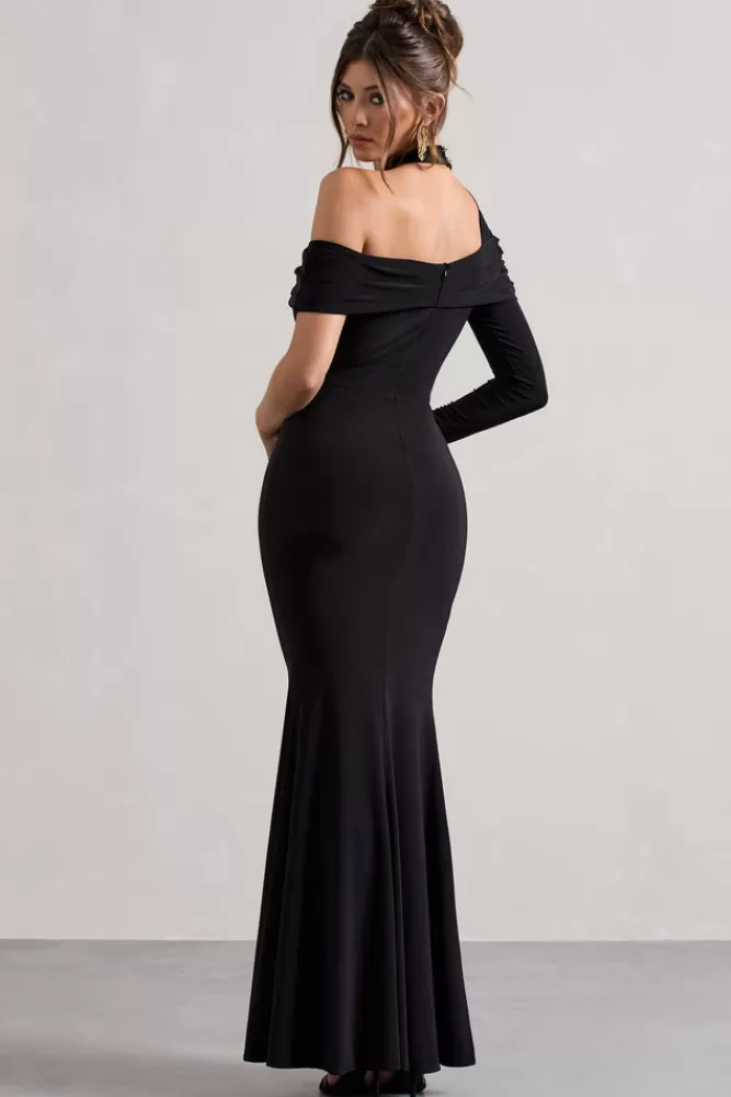 Club L London Tyla | Asymmetric High-Neck Split Maxi Dress BLACK Outlet