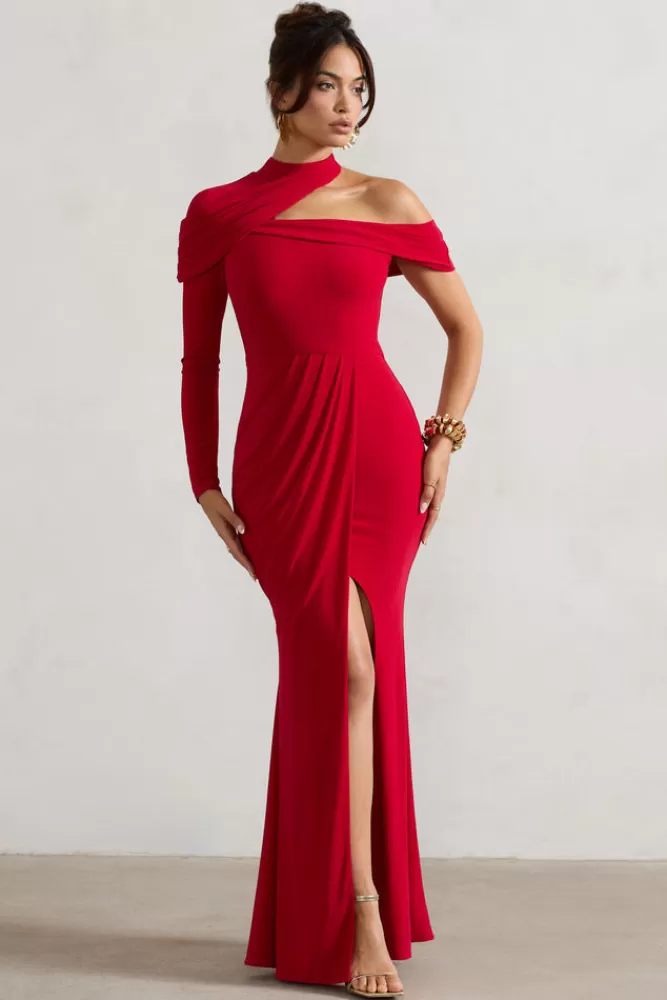 Club L London Tyla | Asymmetric High-Neck Split Maxi Dress RED New