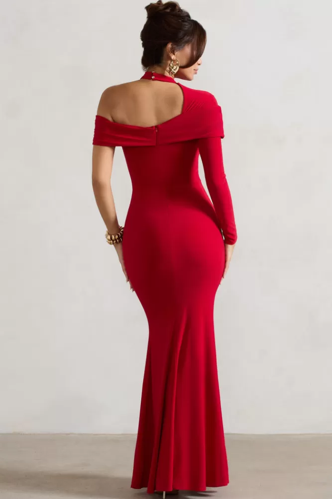 Club L London Tyla | Asymmetric High-Neck Split Maxi Dress RED New