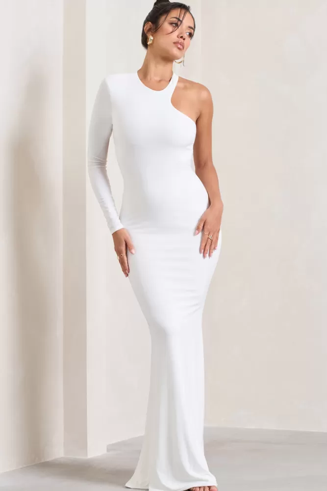 Club L London Tyra | Asymmetric Neck Cut Out Maxi Dress With Open Back Detail WHITE Cheap