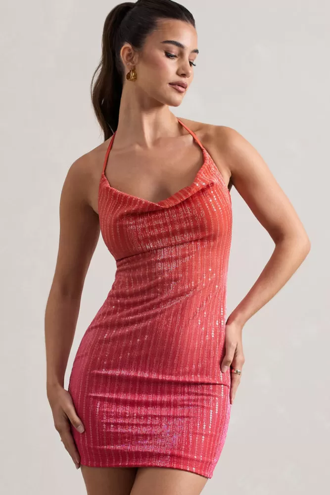 Club L London Ultra | Pink u0026 Orange Ombre Sequin Cowl-Neck Mini Dress PINKOMBRE Online