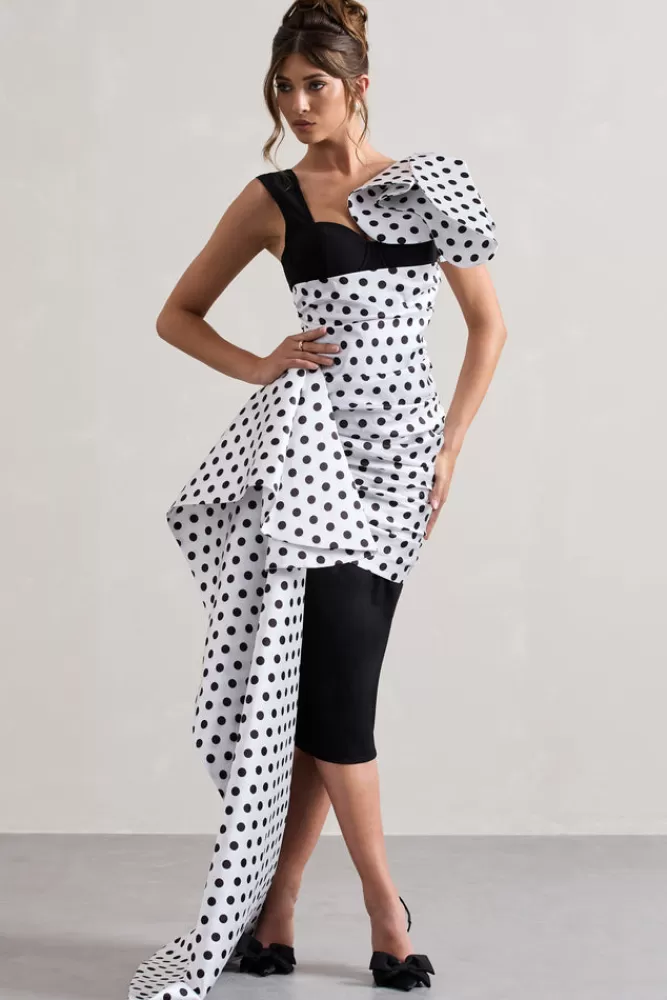 Club L London Unattainable | Polka Dot Wrap Midi Dress Volume Drape BLACK Sale