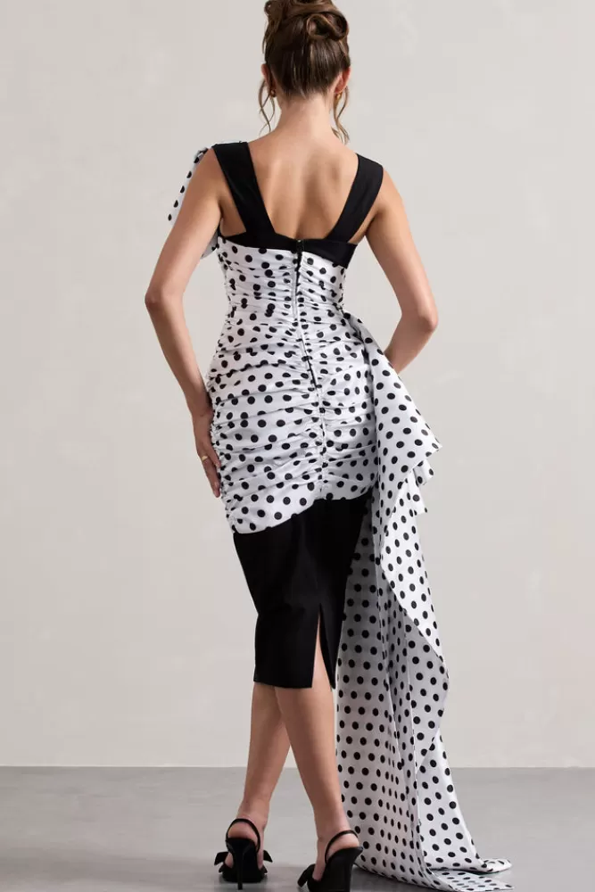 Club L London Unattainable | Polka Dot Wrap Midi Dress Volume Drape BLACK Sale