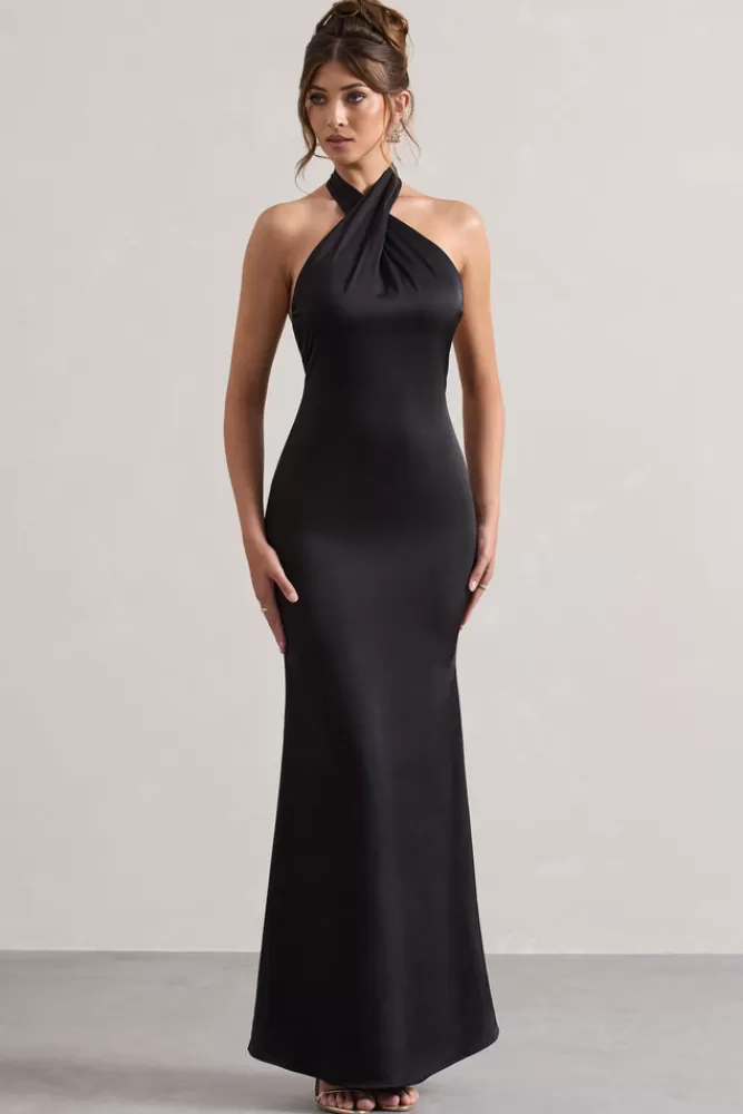 Club L London Unbeatable | Satin Cross Over Halter-Neck Maxi Dress BLACK New