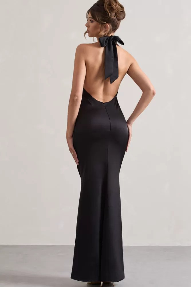 Club L London Unbeatable | Satin Cross Over Halter-Neck Maxi Dress BLACK New