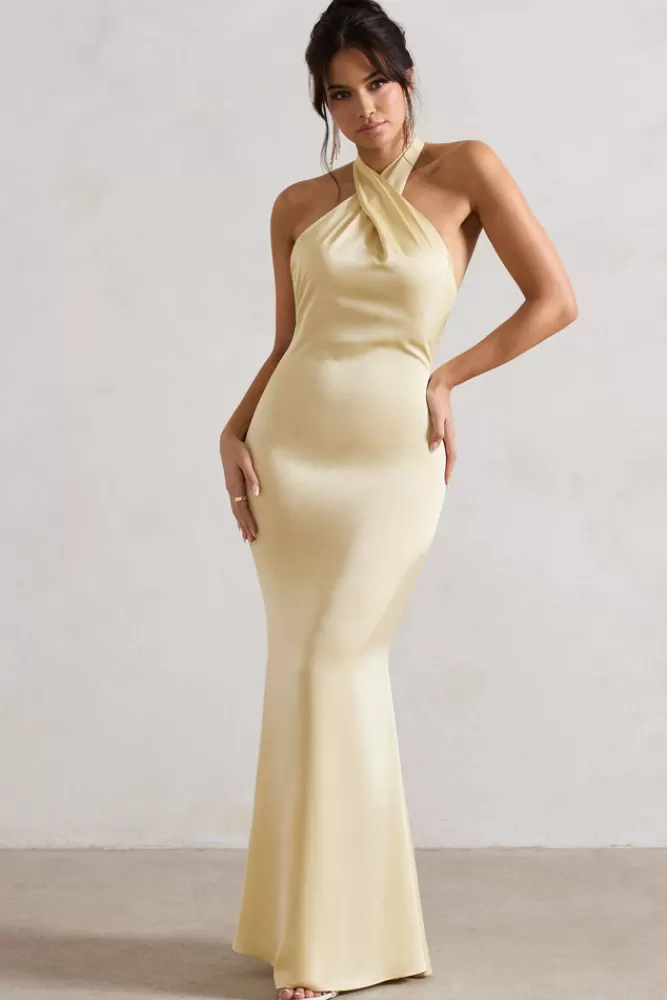 Club L London Unbeatable | Satin Cross Over Halter-Neck Maxi Dress LEMON Sale