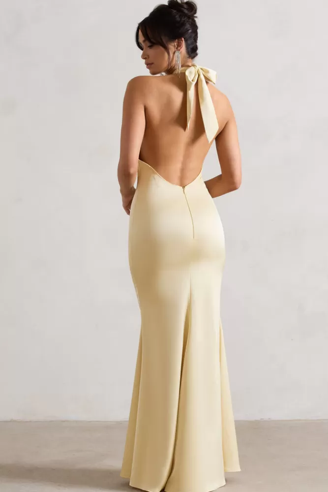 Club L London Unbeatable | Satin Cross Over Halter-Neck Maxi Dress LEMON Sale