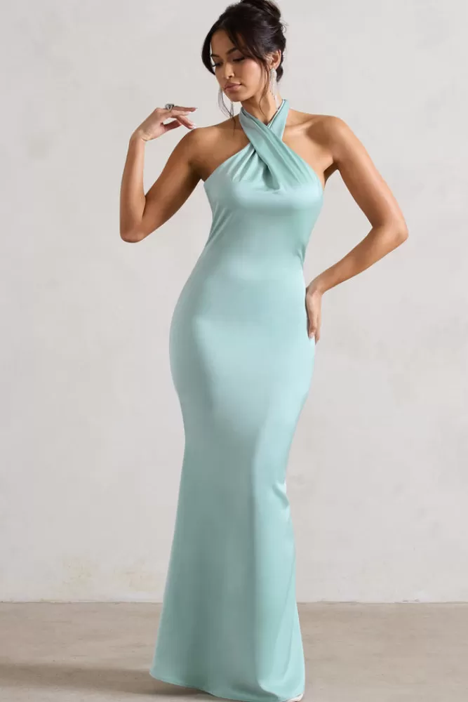 Club L London Unbeatable | Green Satin Cross Over Halter-Neck Maxi Dress MINT Flash Sale