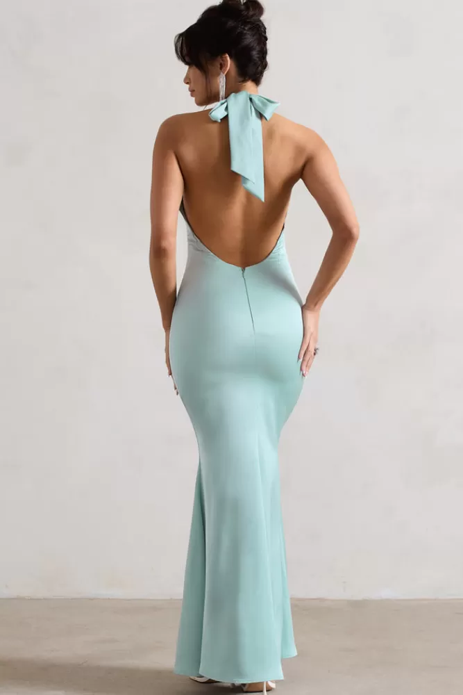 Club L London Unbeatable | Green Satin Cross Over Halter-Neck Maxi Dress MINT Flash Sale