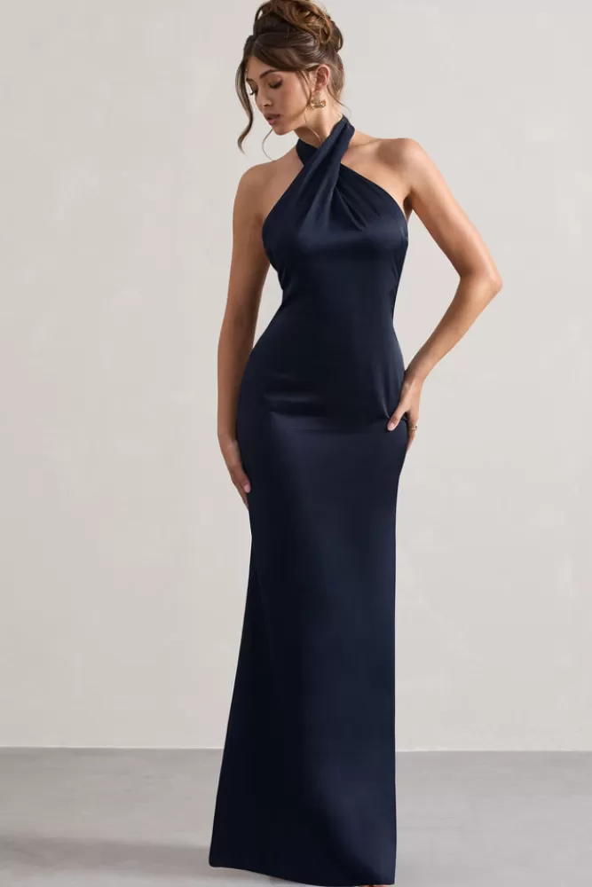 Club L London Unbeatable | Satin Cross Over Halterneck Maxi Dress NAVY Flash Sale