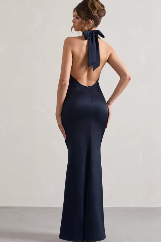 Club L London Unbeatable | Satin Cross Over Halterneck Maxi Dress NAVY Flash Sale