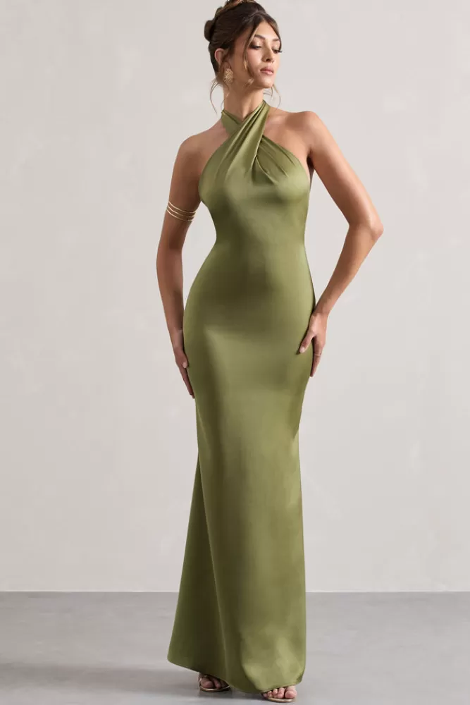 Club L London Unbeatable | Satin Cross Over Halter-Neck Maxi Dress OLIVE Online