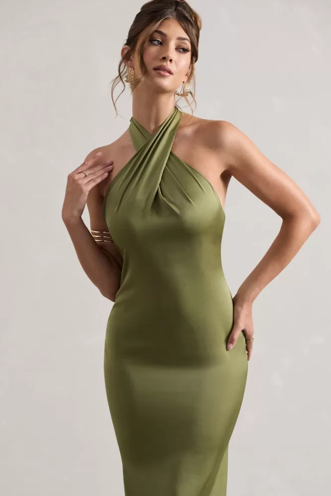 Club L London Unbeatable | Satin Cross Over Halter-Neck Maxi Dress OLIVE Online