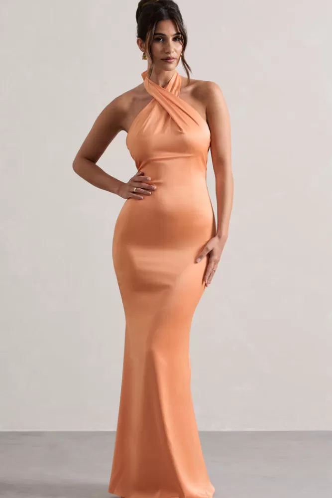 Club L London Unbeatable | Satin Cross Over Halter-Neck Maxi Dress PEACH Discount