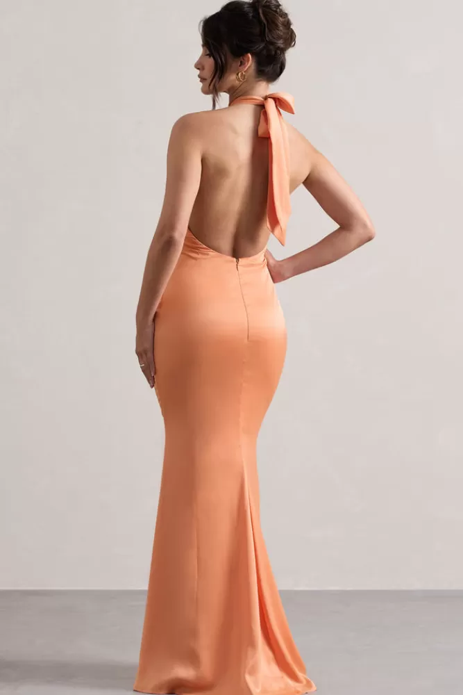 Club L London Unbeatable | Satin Cross Over Halter-Neck Maxi Dress PEACH Discount