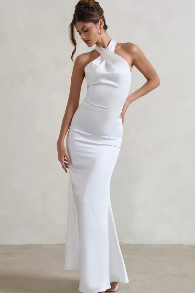 Club L London Unbeatable | Satin Cross Over Halter-Neck Maxi Dress WHITE Store