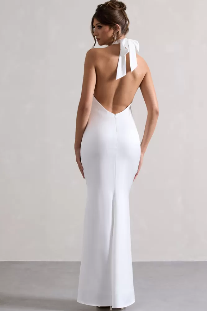 Club L London Unbeatable | Satin Cross Over Halter-Neck Maxi Dress WHITE Store