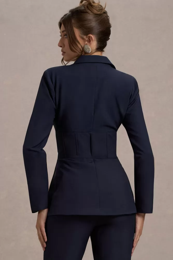 Club L London Unbeaten | Fitted Corset Blazer Jacket NAVY Hot