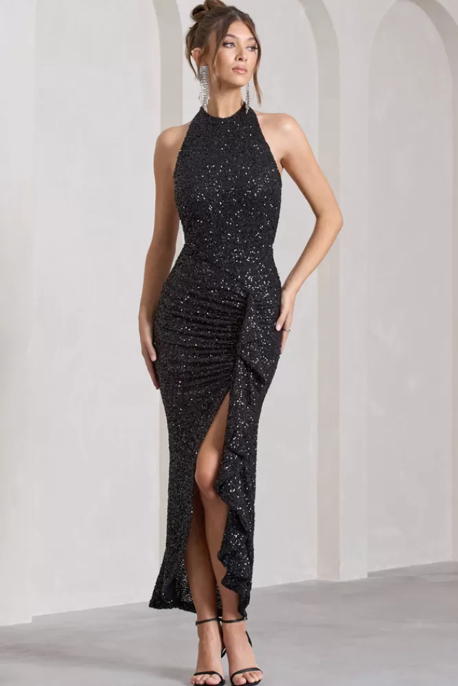Club L London Under The Stars | Sequin High-Neck Open-Back Maxi Dress With Drape BLACK Outlet