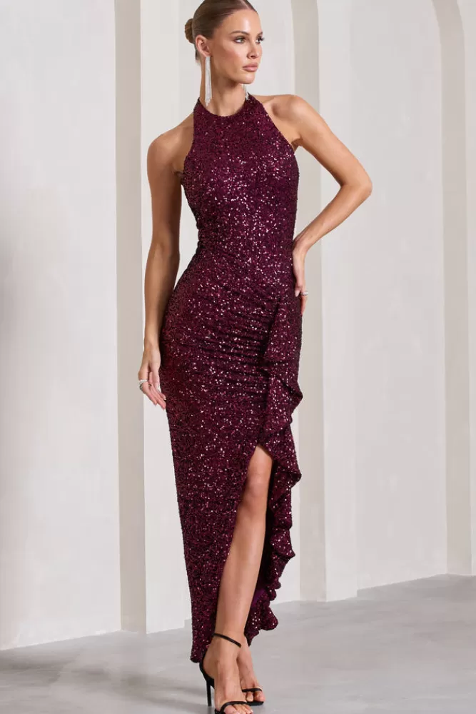 Club L London Under The Stars | Sequin High-Neck Open-Back Maxi Dress With Drape PLUM Outlet