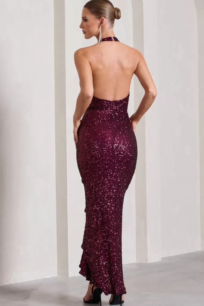 Club L London Under The Stars | Sequin High-Neck Open-Back Maxi Dress With Drape PLUM Outlet