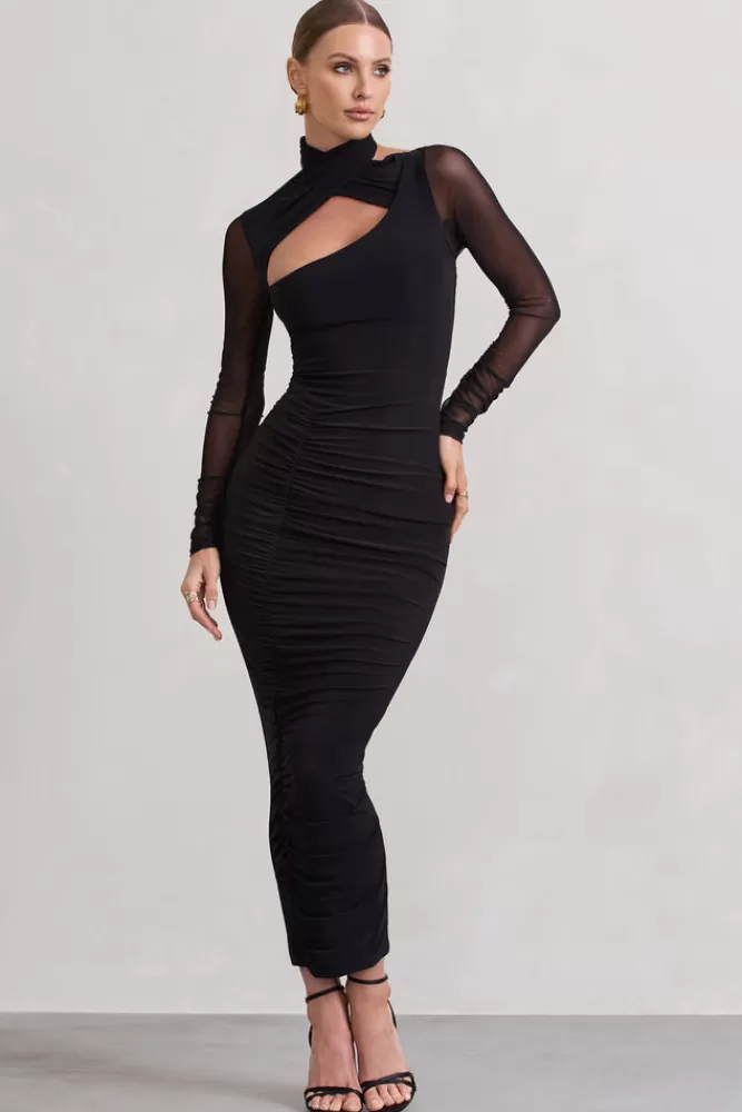 Club L London Under Wraps | Ruched Cut Out Long-Sleeve Midi Dress BLACK New