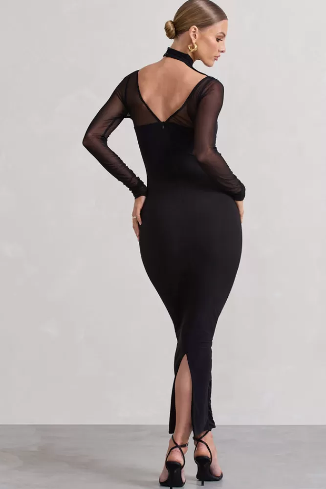 Club L London Under Wraps | Ruched Cut Out Long-Sleeve Midi Dress BLACK New