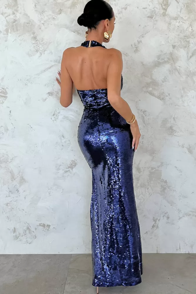 Club L London Undoing | Sequin Plunge Front Maxi Dress With Side Split Navy Outlet